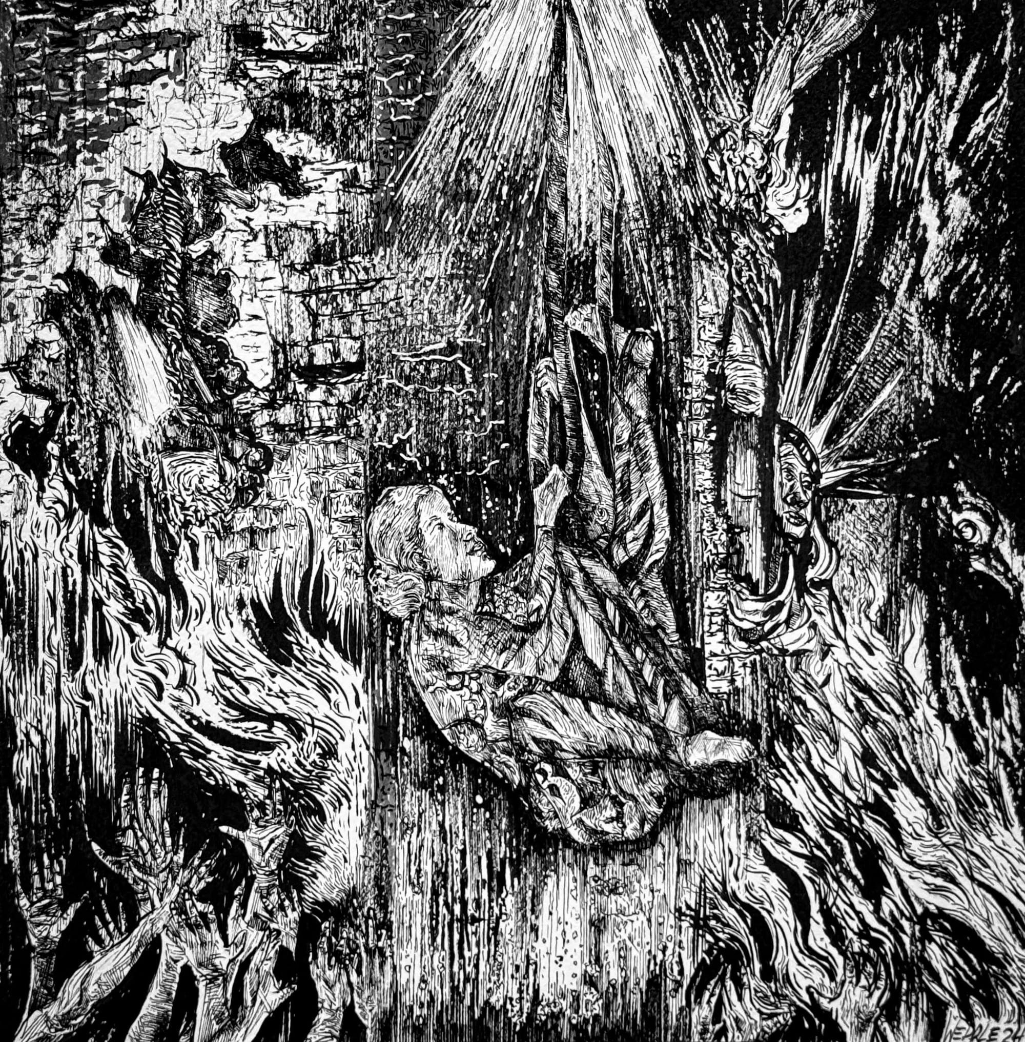 'Jericho,' 2024. Pen and ink drawing on paper by Angela Weddle. Courtesy of the artist.