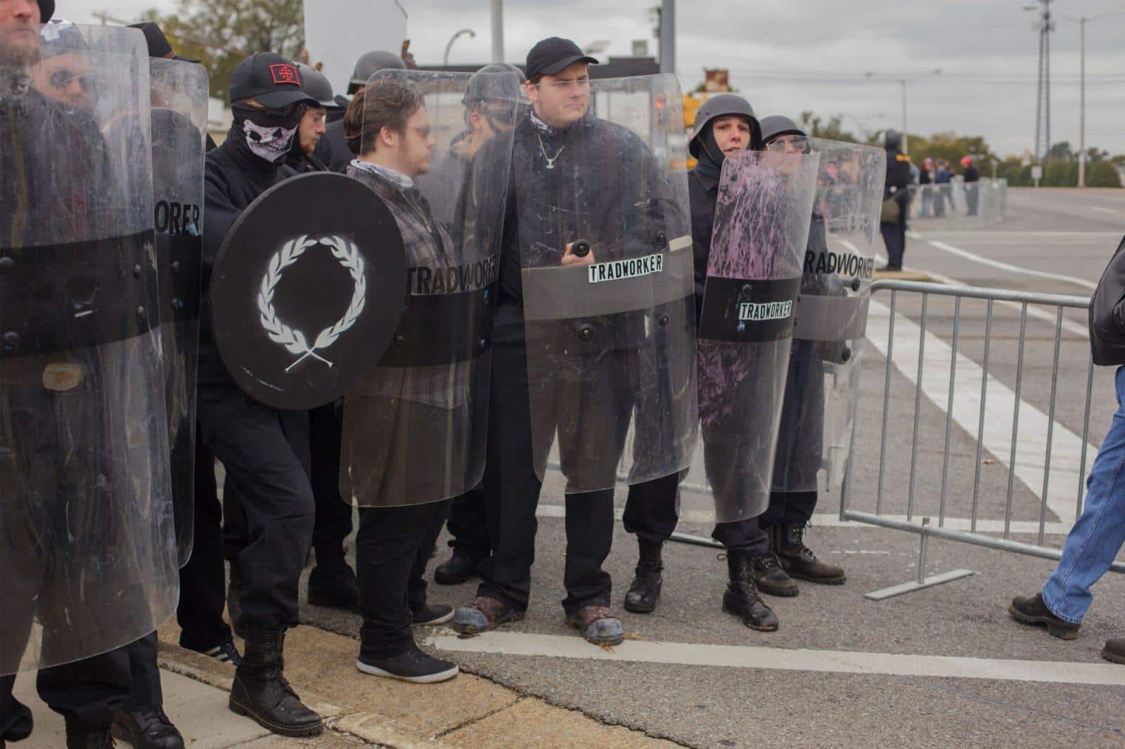 White supremacists at a “White Lives Matter” rally in Shelbyville, Tenn., on Oct. 28, 2017. Vasillios Pistolis identified himself in an online chat as the man holding the black shield.