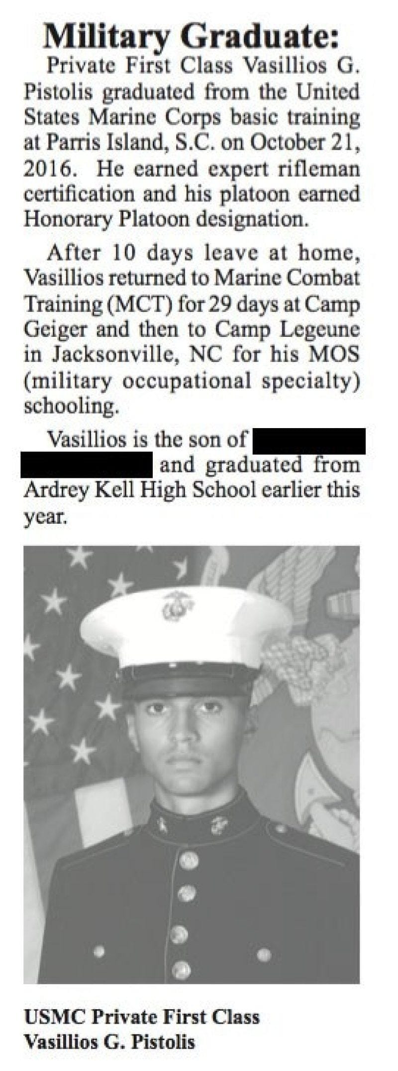 A clipping from a Greek Orthodox publication in North Carolina announces Pistolis’ graduation from Marine Corps basic training.