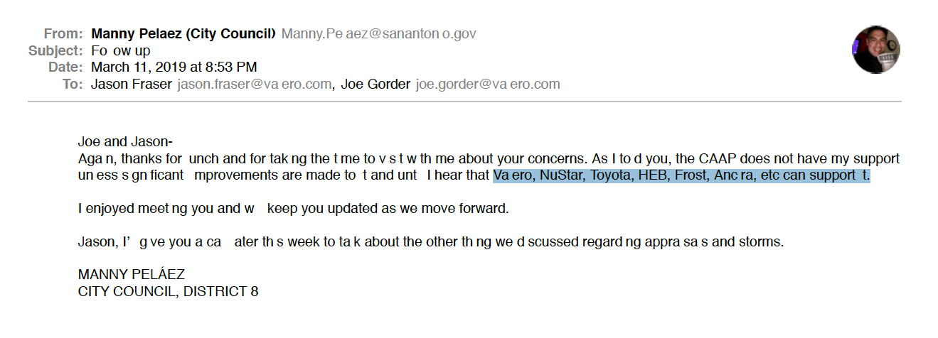 Peláez email to Valero Energy dated March 11, 2019.