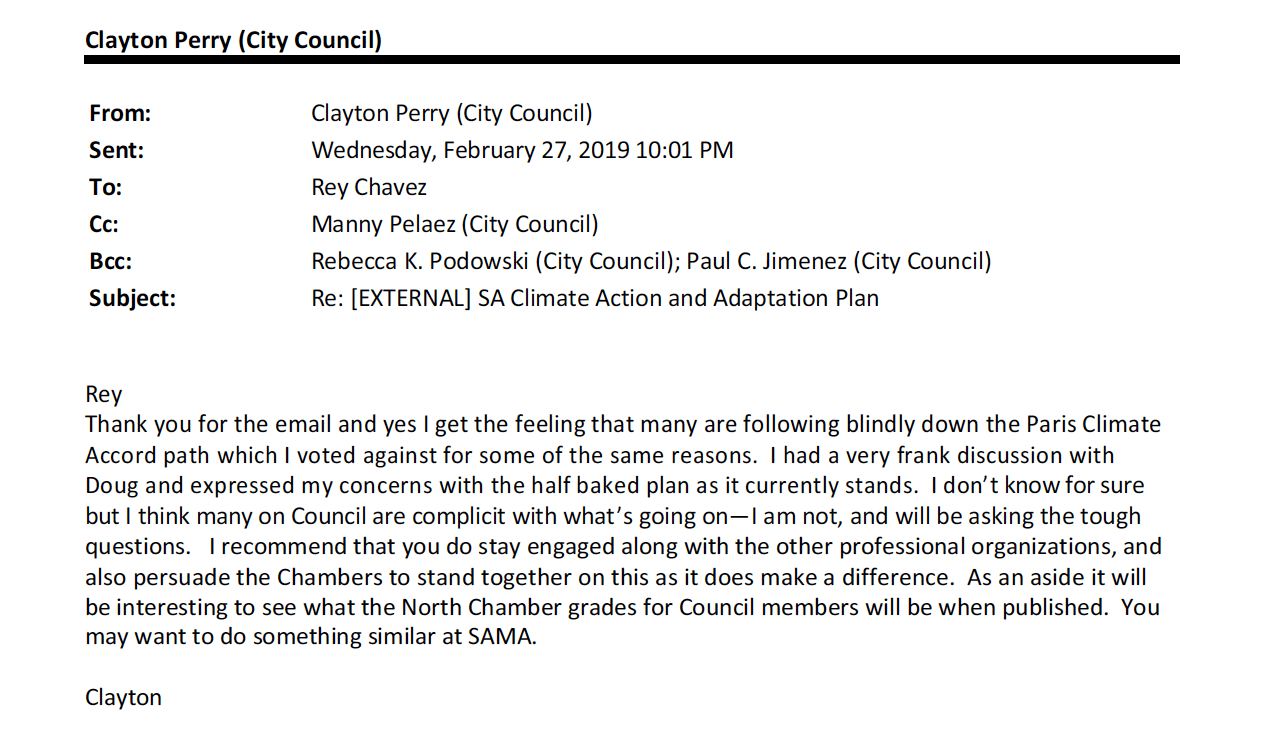 San Antonio Councilmember Clayton Perry email to Rey Chavez.