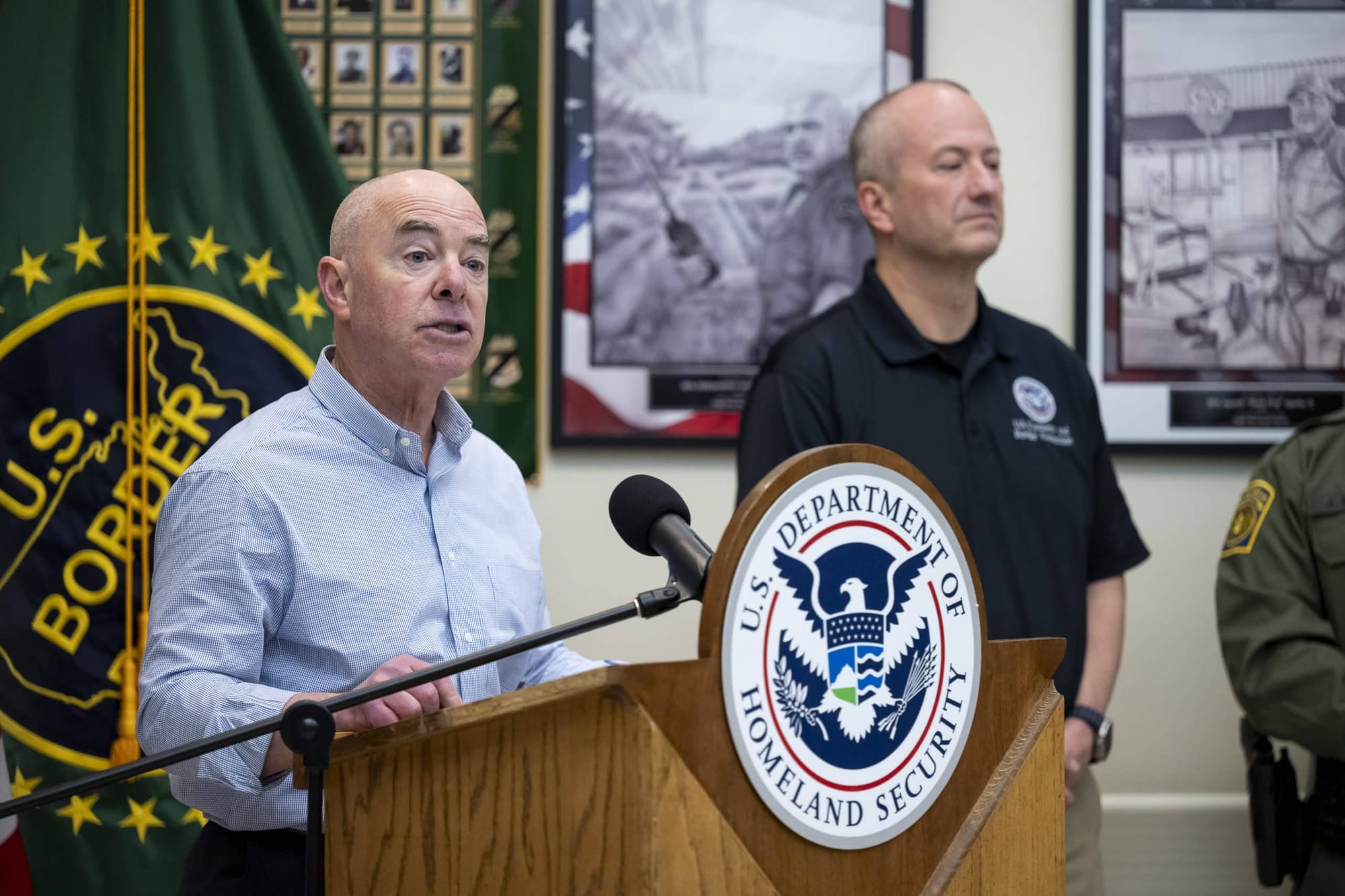 Department of Homeland Security Secretary Alejandro Mayorkas visiting CBP Border Patrol Station in Eagle Pass, Texas. Image: USCBP
