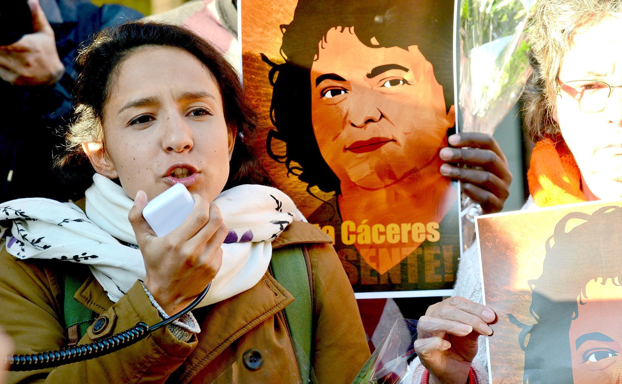 Berta Zúñiga Cáceres, daughter of Berta Cáceres, speaks at a demonstration in Washington, D.C.