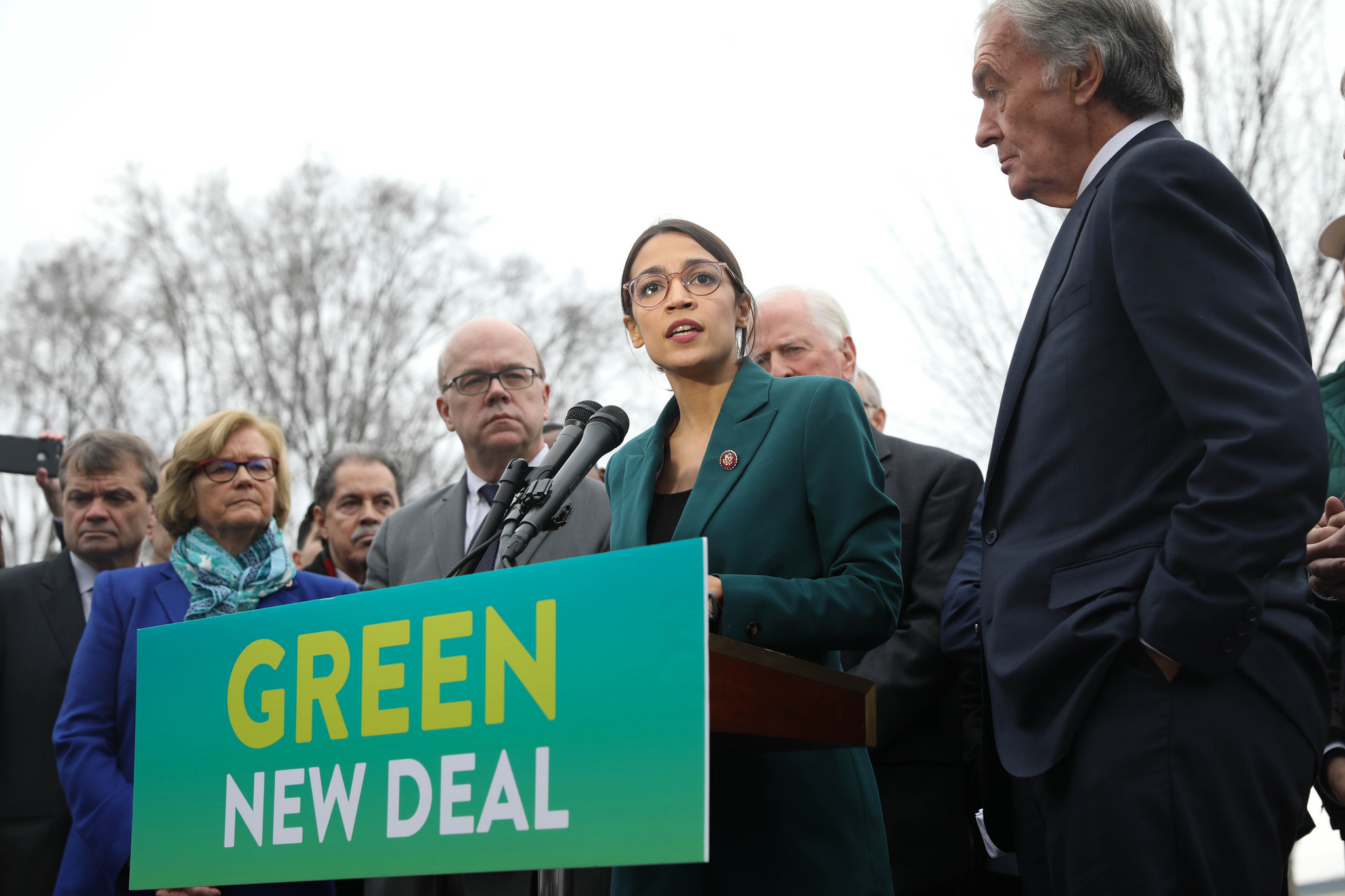 Rep. Alexandria Ocasio-Cortez (D-NY) and Sen. Edward Markey (D-MA) at a press conference introducing a resolution calling for a Green New Deal, February 7, 2019.