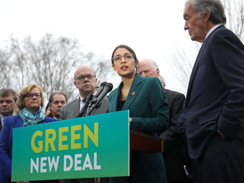 Rep. Alexandria Ocasio-Cortez (D-NY) and Sen. Edward Markey (D-MA) at a press conference introducing a resolution calling for a Green New Deal, February 7, 2019.